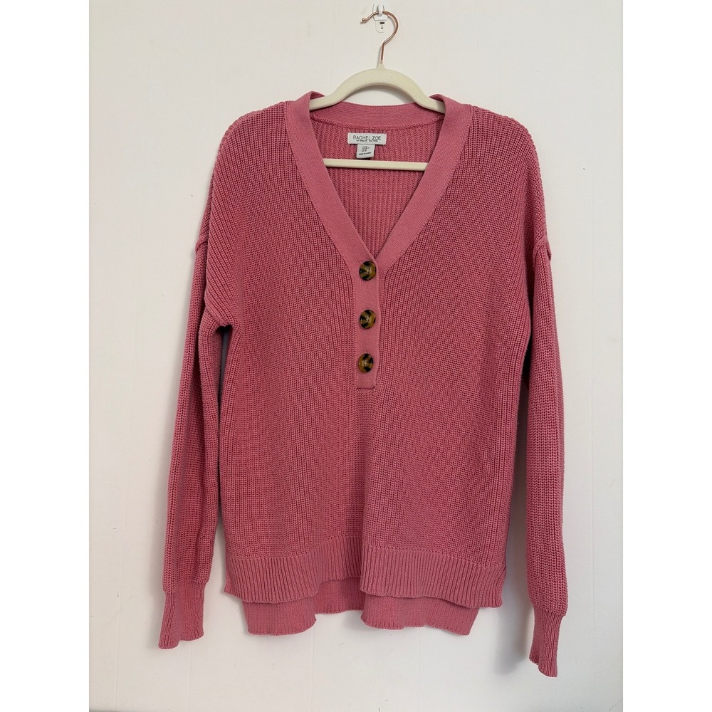 Rachel Zoe Henley Sweater Womens Medium Pink Ribbed V-Neck Pullover Preppy